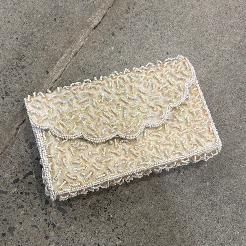 Bijoux Terner Women’s Ivory Beaded Sequin Evening Clutch Purse Vintage Bridal